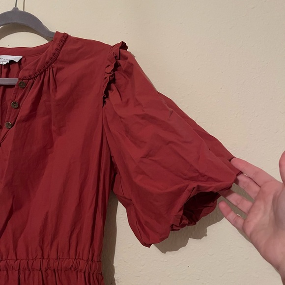 Lost + Wander Rust Short Puff Sleeve V Neck Cinched Waist Mini Dress - Picture 3 of 9